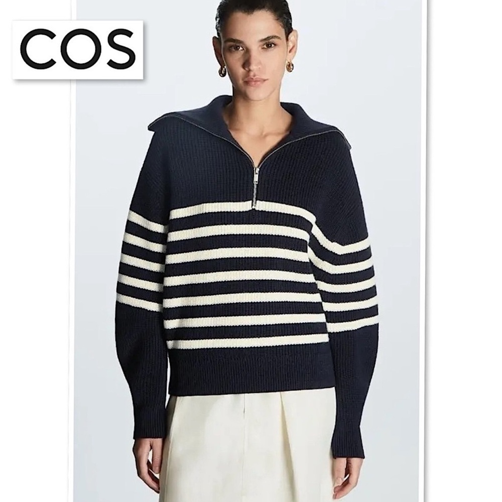 COS Chunky Knit Striped Half Zip Wool Blend Oversized Sweater